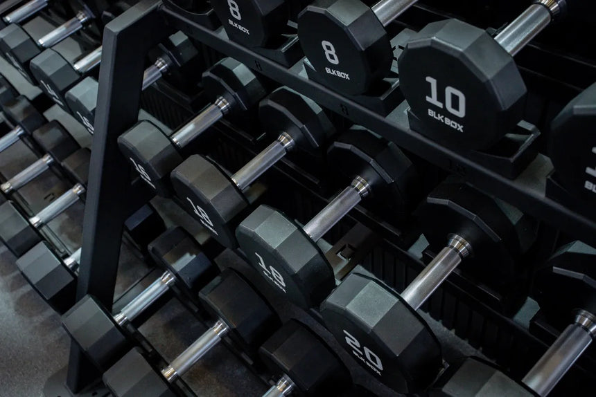 BLK BOX 12 Sided Urethane Dumbbell – handle knurl detail