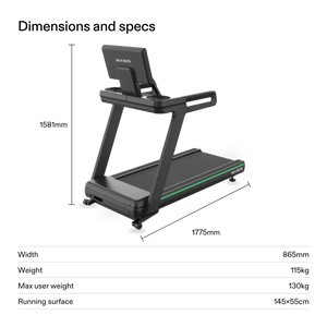 BLK BOX 1 Series Treadmill dimensions: 1775mm long, 865mm wide, 1581mm high, 115kg, max user weight 130kg, 145×55cm running surface