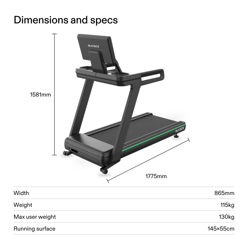 BLK BOX 1 Series Treadmill dimensions: 1775mm long, 865mm wide, 1581mm high, 115kg, max user weight 130kg, 145×55cm running surface
