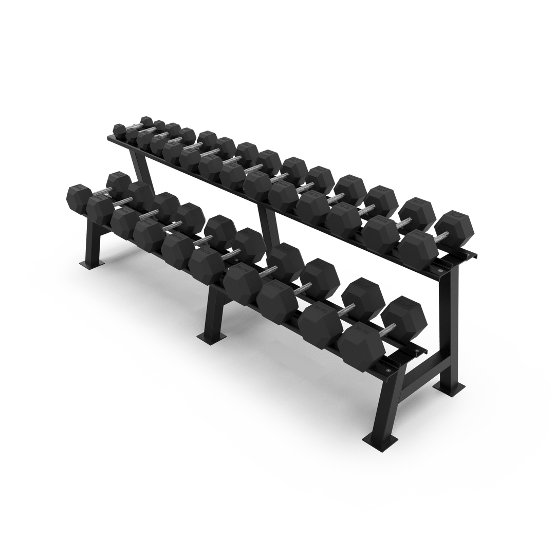 2 Tier Hex Dumbbell Rack with 2.5 - 30kg Hex Dumbbell Set - BLK BOX