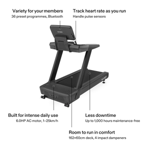 BLK BOX 3 Series Treadmill features: 36 preset programmes and Bluetooth, handle pulse sensors, 6.0HP AC motor 1–25km/h, up to 1,000 hours maintenance-free, 162×60cm deck with impact dampeners