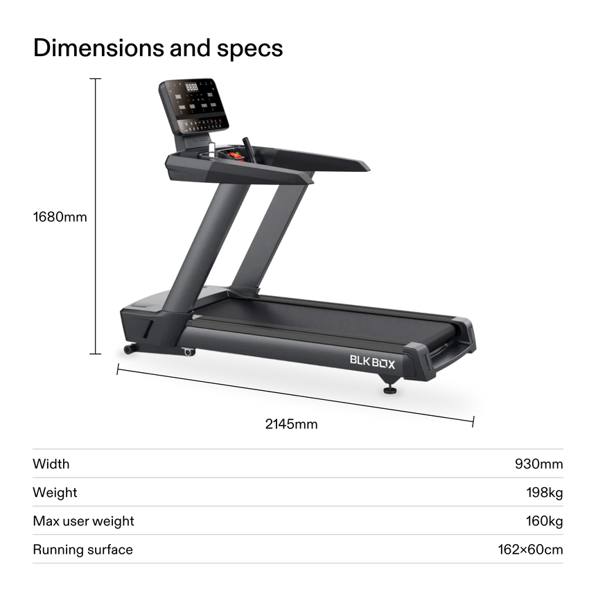 BLK BOX 3 Series Treadmill dimensions: 2145mm long, 930mm wide, 1680mm high, 198kg, max user weight 160kg, 162×60cm running surface