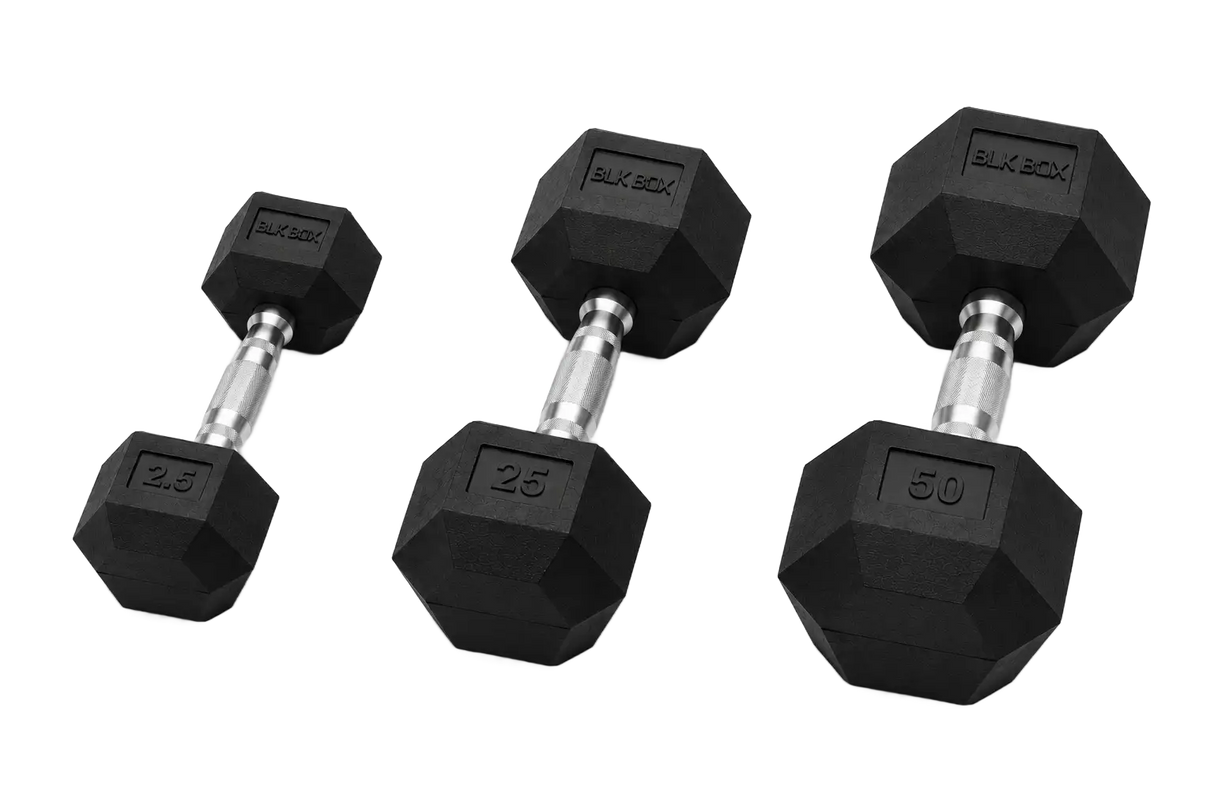 BLK BOX Rubber Hex Dumbbell Set:  2.5kg - 50kg