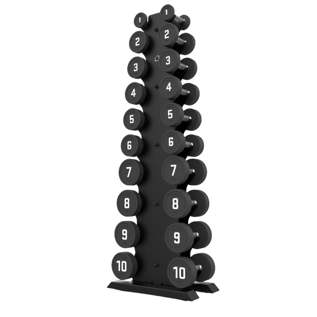 Vertical Dumbbell Rack with Premium Round Urethane Dumbbell Set - BLK BOX