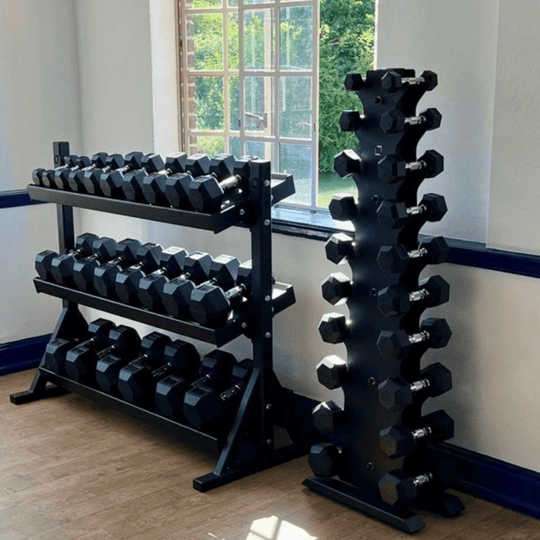 Vertical Dumbbell Rack with Premium Round Urethane Dumbbell Set - BLK BOX